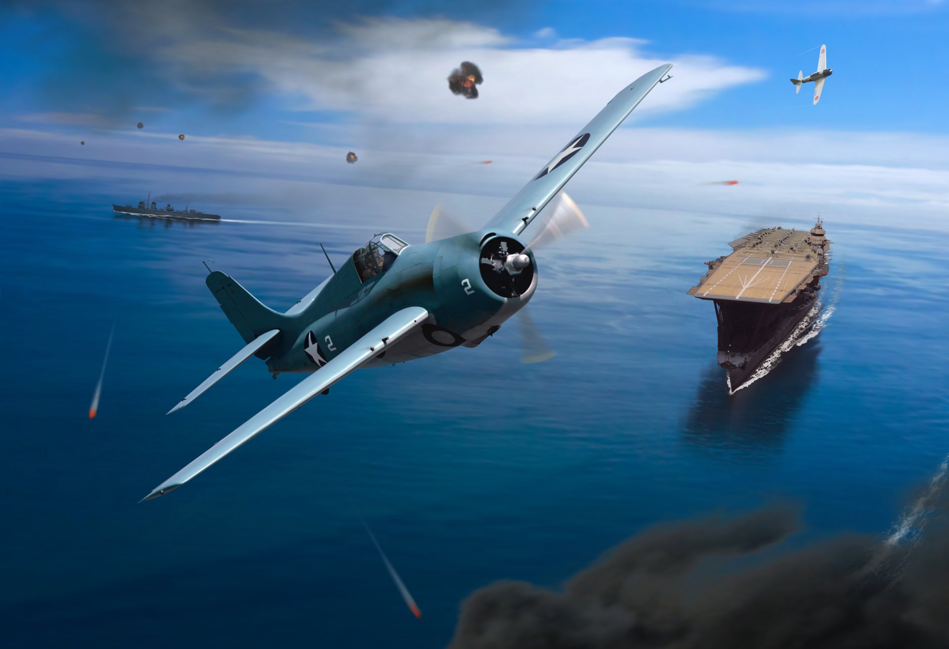 arte guerra cielo americano luchador grumman f6f hellcat japonés mitsubishi a6m cero mar japonés combate barcos portaaviones akagi destructor ww2 figura