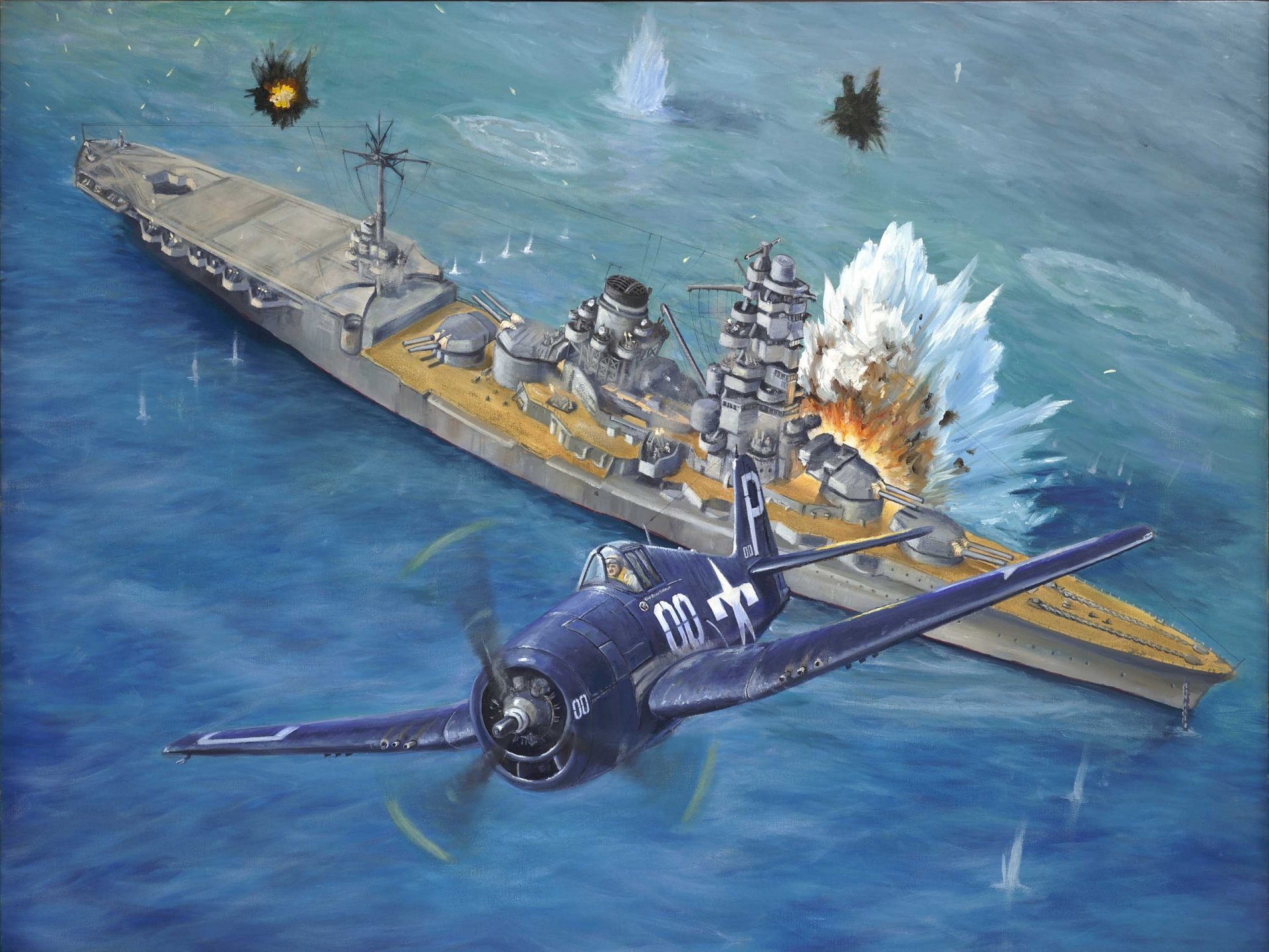 art mer eau vaisseau de ligne ciel grumman f6f hellcat américain combattant attaque explosions ww2 dessin