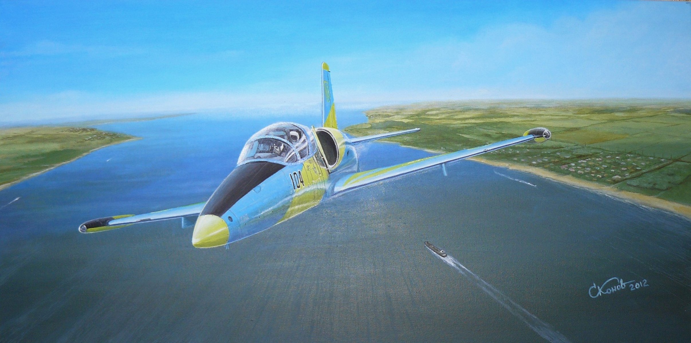 art niebo horyzont aero l-39 albatros czechosłowacki szkoleniowy bojowy samolot rzeka brzeg statki