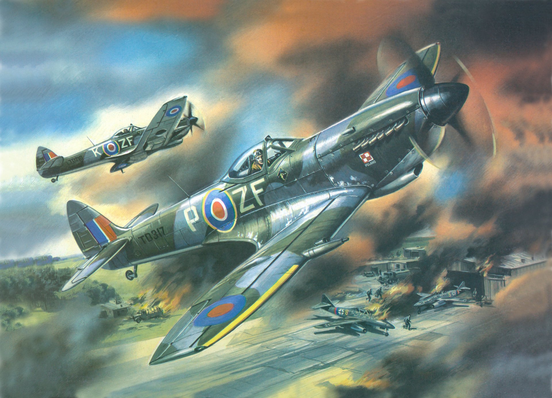 art spitfire mk16 spitfire mk.xvi anglais avions de chasse terre aérodrome me-262 allemand hangars feu flamme fumée ww2 dessin