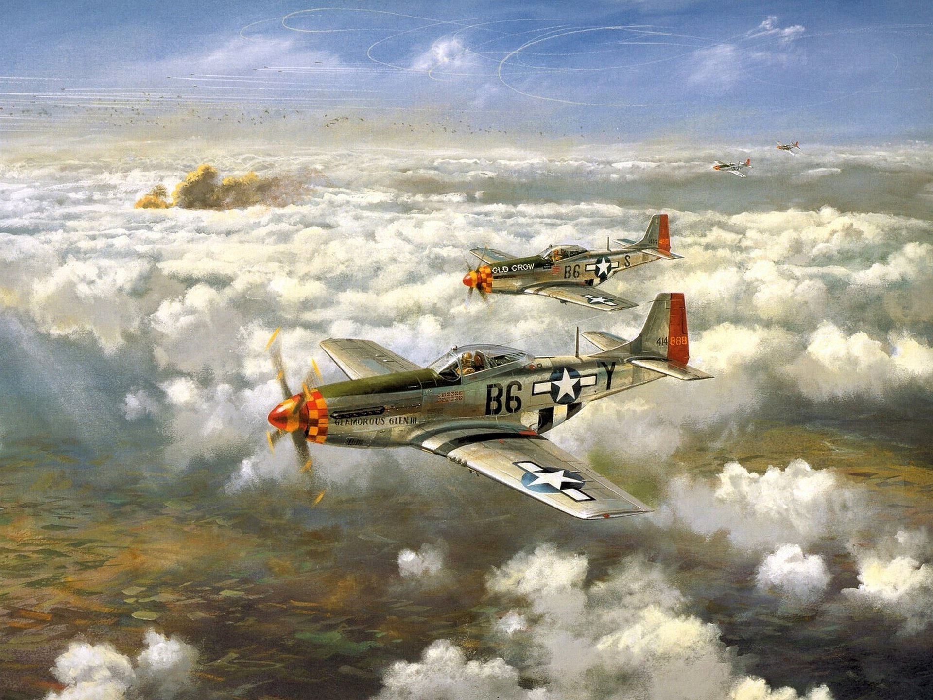 północnoamerykański p-51d-5 mustang pojedynczy silnik dalekiego zasięgu armii myśliwce eskorty niebo chmury ww2 rysunek