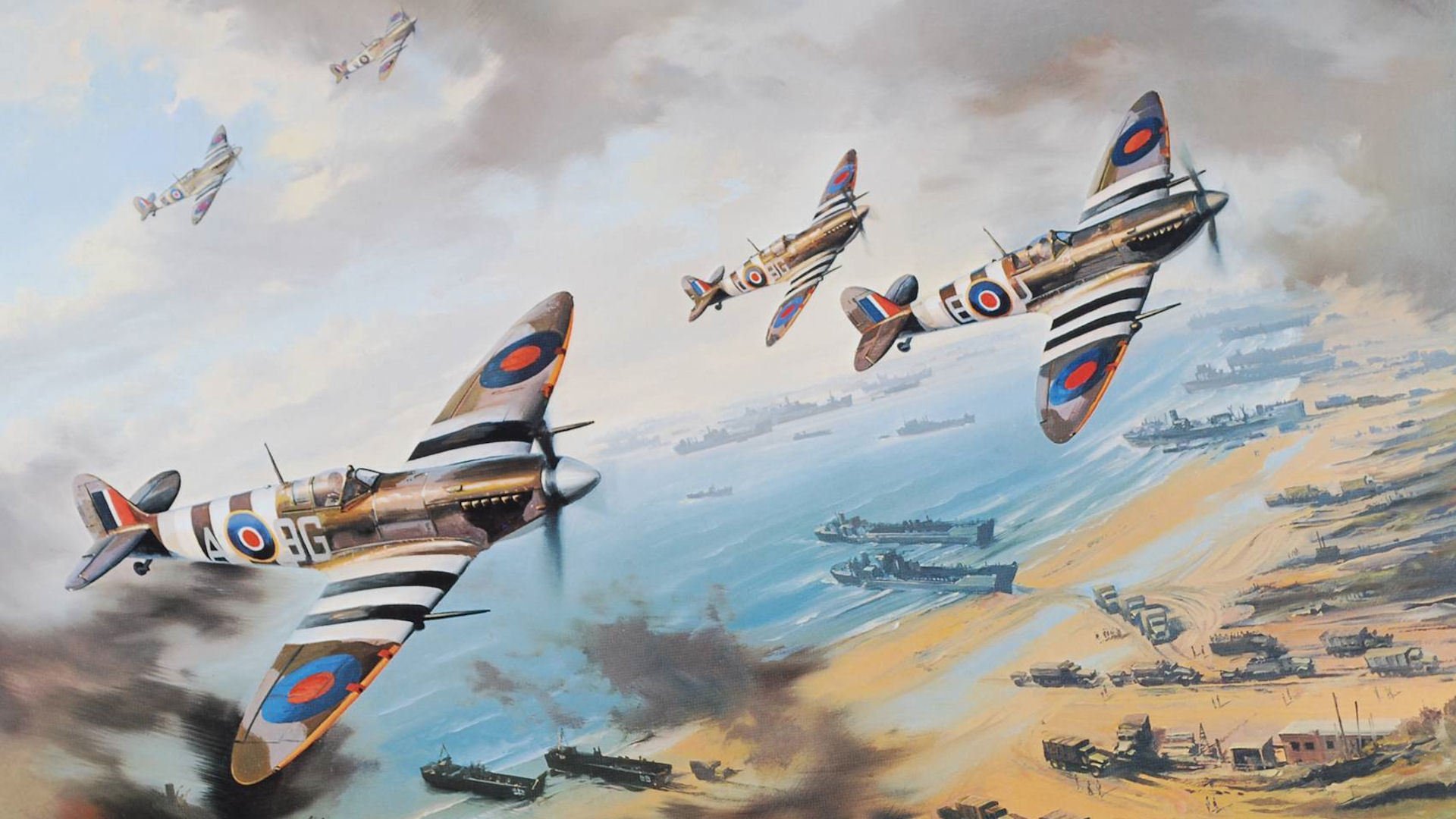 combattant de balayage d-day normady débarquement en normandie combattants spitfire navires plage dessin art