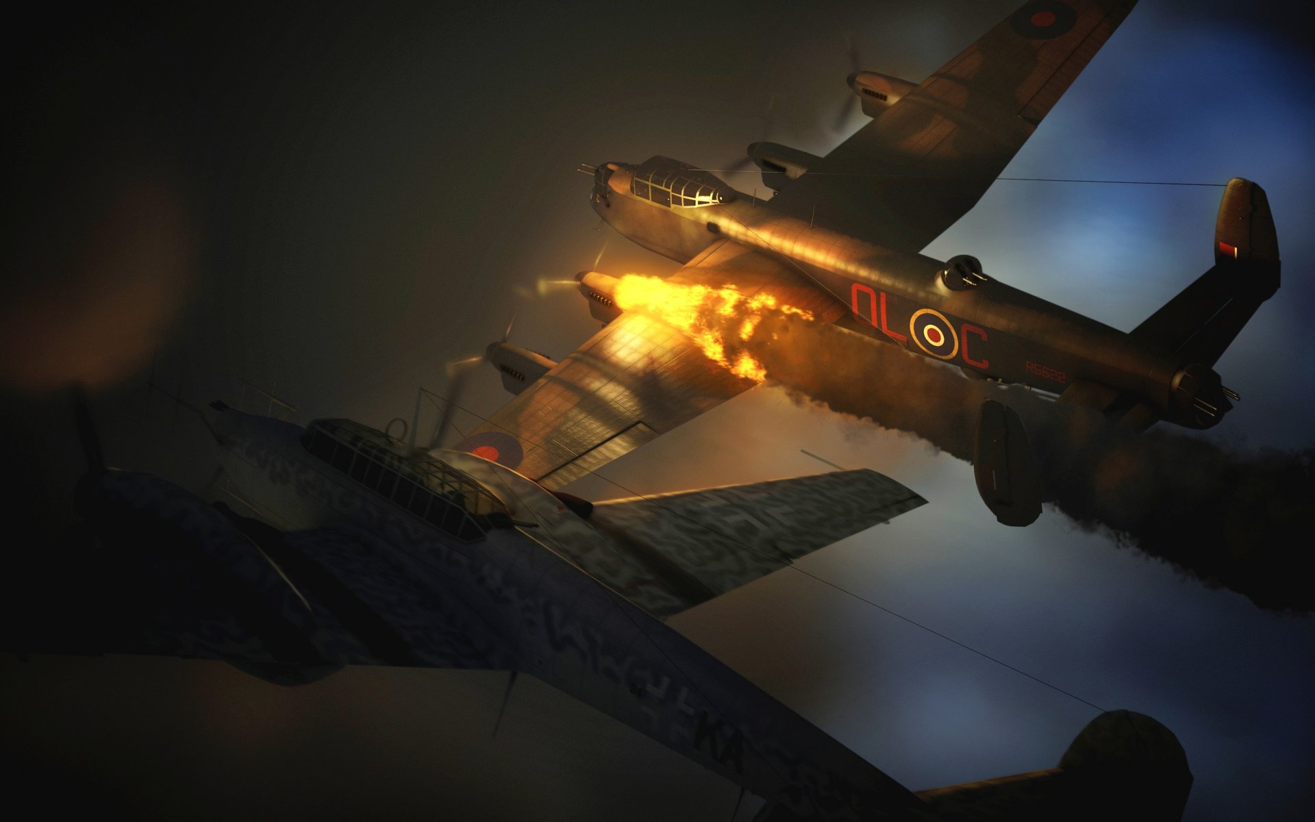 art sky. night messerschmitt bf-110 messerschmitt bf.110 german strategic fighter and avro 683 lancaster avro 683 lancaster british bomber fire flame ww2 graphics 3d