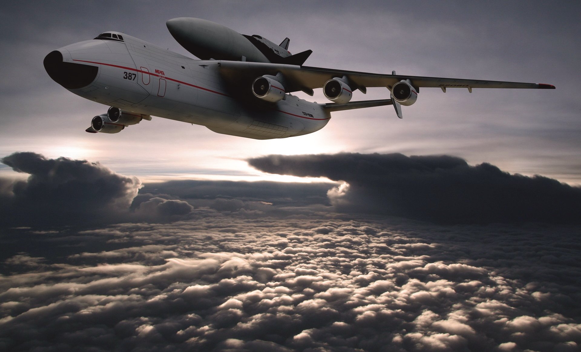 antonov an 225 mriya cosaco avión a reacción avión buran en el aire nubes cielo urss