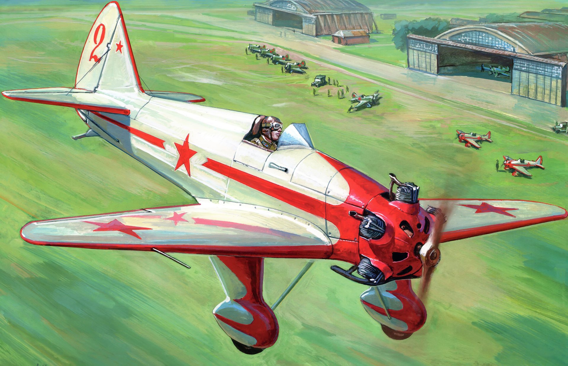 arte dibujo ut-1 soviético entrenamiento avión aeródromo despegue campo personas hangares