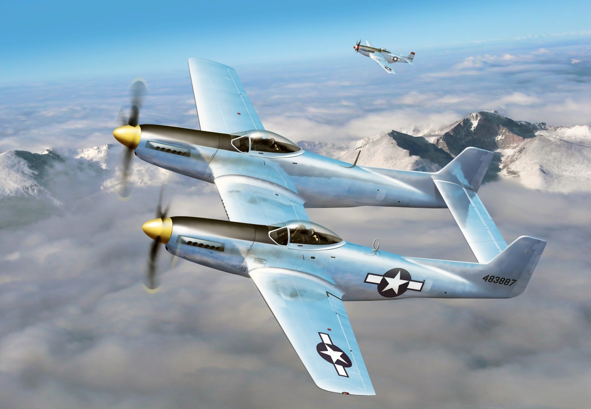 kunst mustangs f-82 p-51 amerikanisch mehrzweck kämpfer himmel wolken ww2 zeichnung