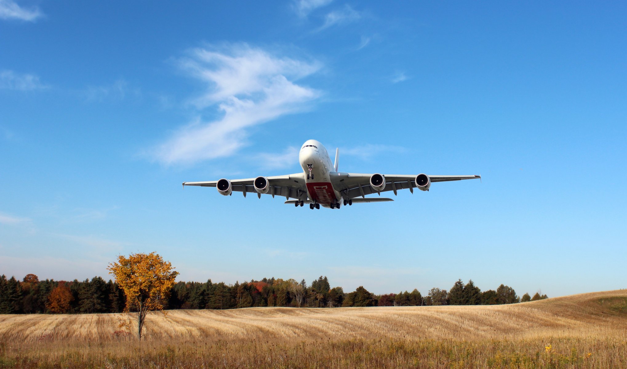 airbus a380 emirates airline flugzeug passagier verkehrsflugzeug landung bäume feld himmel tag in der luft weiß