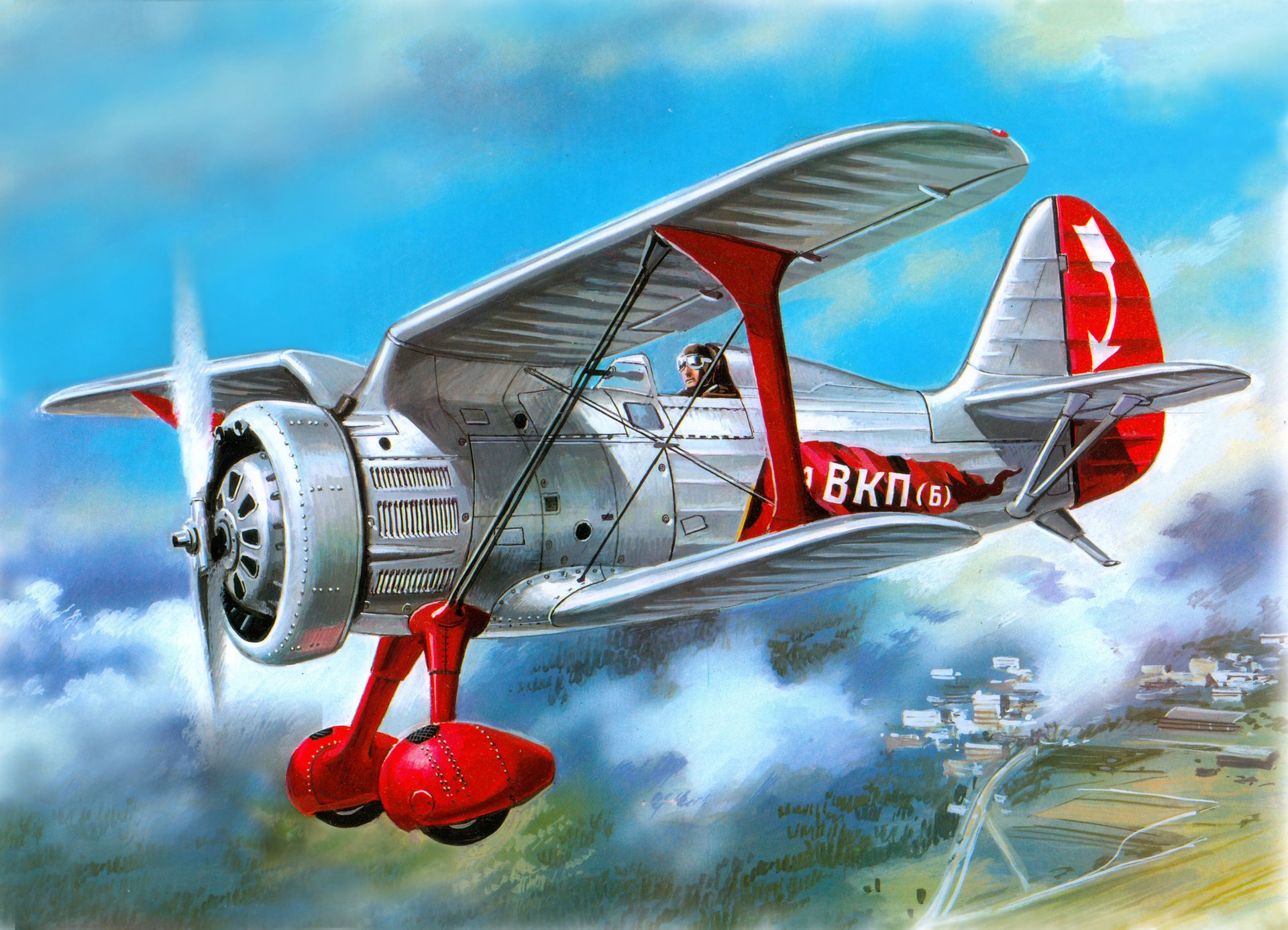 arte cielo i-15 apodo chato español. kurnosy soviético monomotor avión de combate 30-s tierra carreteras edificios dibujo