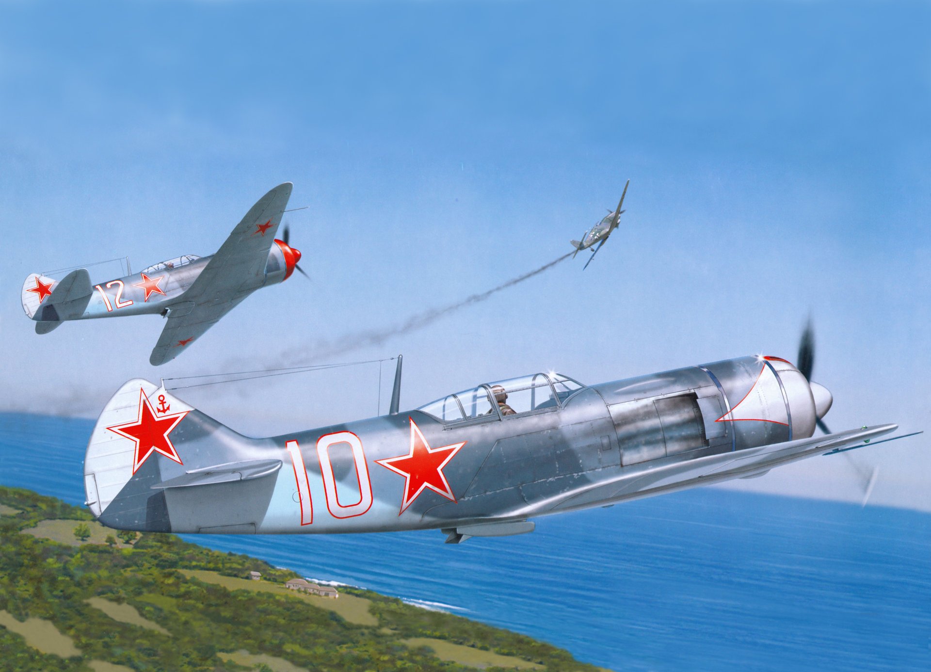 arte guerra cielo la-7 sovietico monomotore monoposto caccia e martellato messerschmith 109 mare riva vegetazione