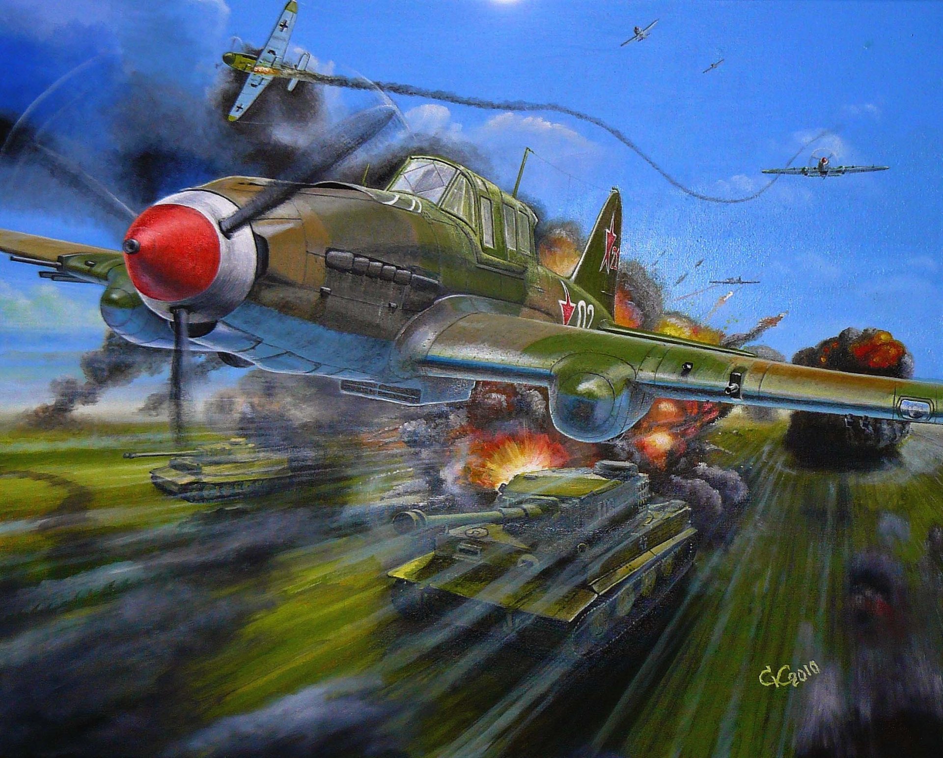 artistique avion il-2 soviétique avion d attaque seconde guerre mondiale créé dans okb-240 sous dirigé sv ilyushin le plus massif combat histoire surnom char volant armée de l air de l urss participe combat sur koursk arc raid aérien allemand colonne seconde guerre mondiale