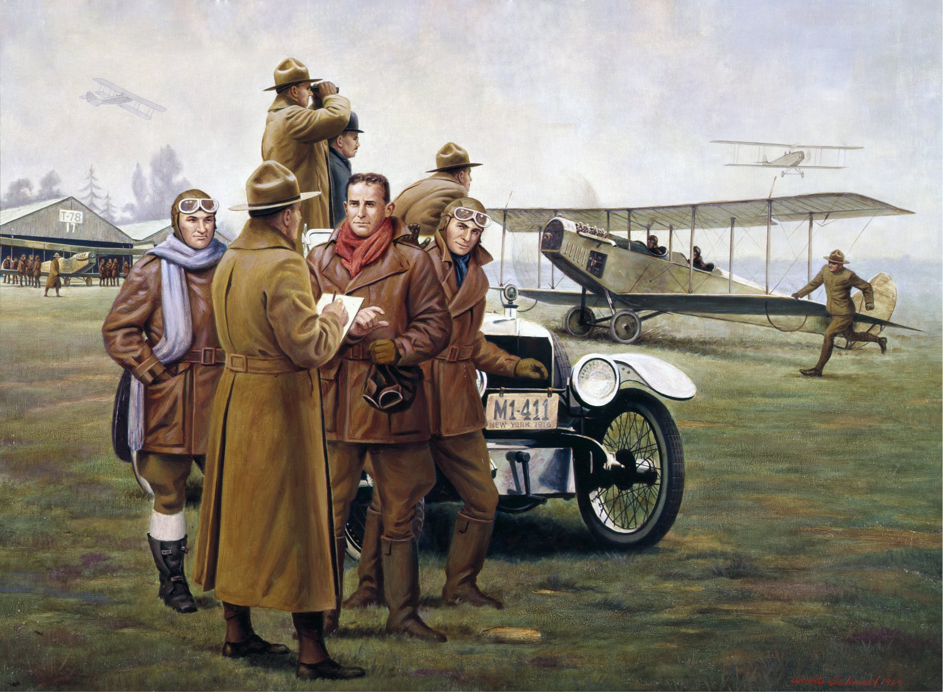 art new york 19 novembre 1916 aérodrome champ de vol hangar curtiss jn-4 jenny avions d entraînement pilotes mécaniciens voiture dessin