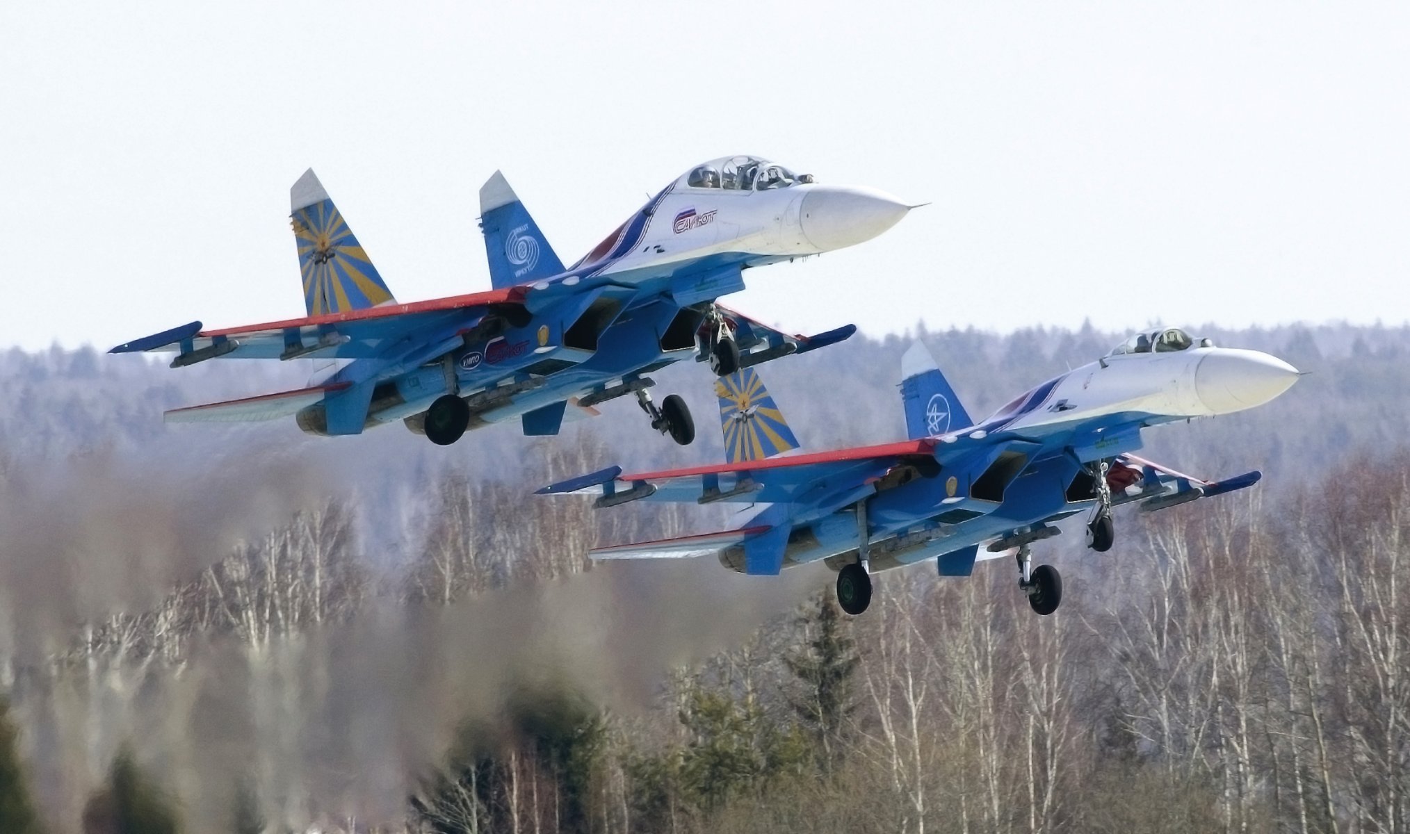 russian knights aerobatic team russia su27 two fighter multi-purpose fourth generation su-27p su-27ub day in the air top forest off aviation plane air force