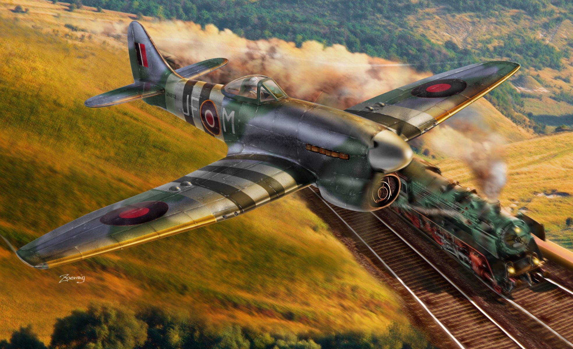 art samolot hawker typhoon v . hawker typhoon . brytyjski pojedynczy myśliwiec bombowiec jeden z najpotężniejszych myśliwców ii wojny światowej na niebie pociąg pędzi po szynach ww2