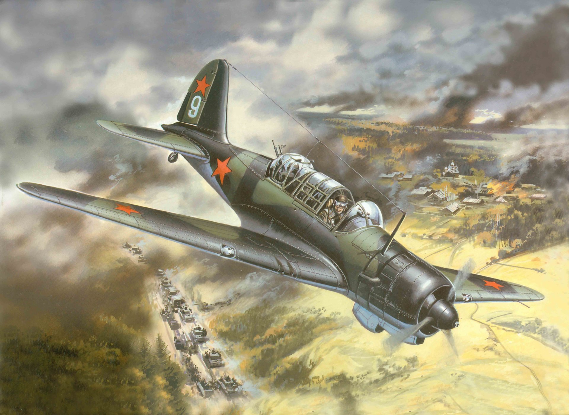 art aereo su-2 sovietico da ricognizione a corto raggio e bombardiere leggero raid aereo contro la colonna tedesca p. o. sukhoi air force urss seconda guerra mondiale ww2