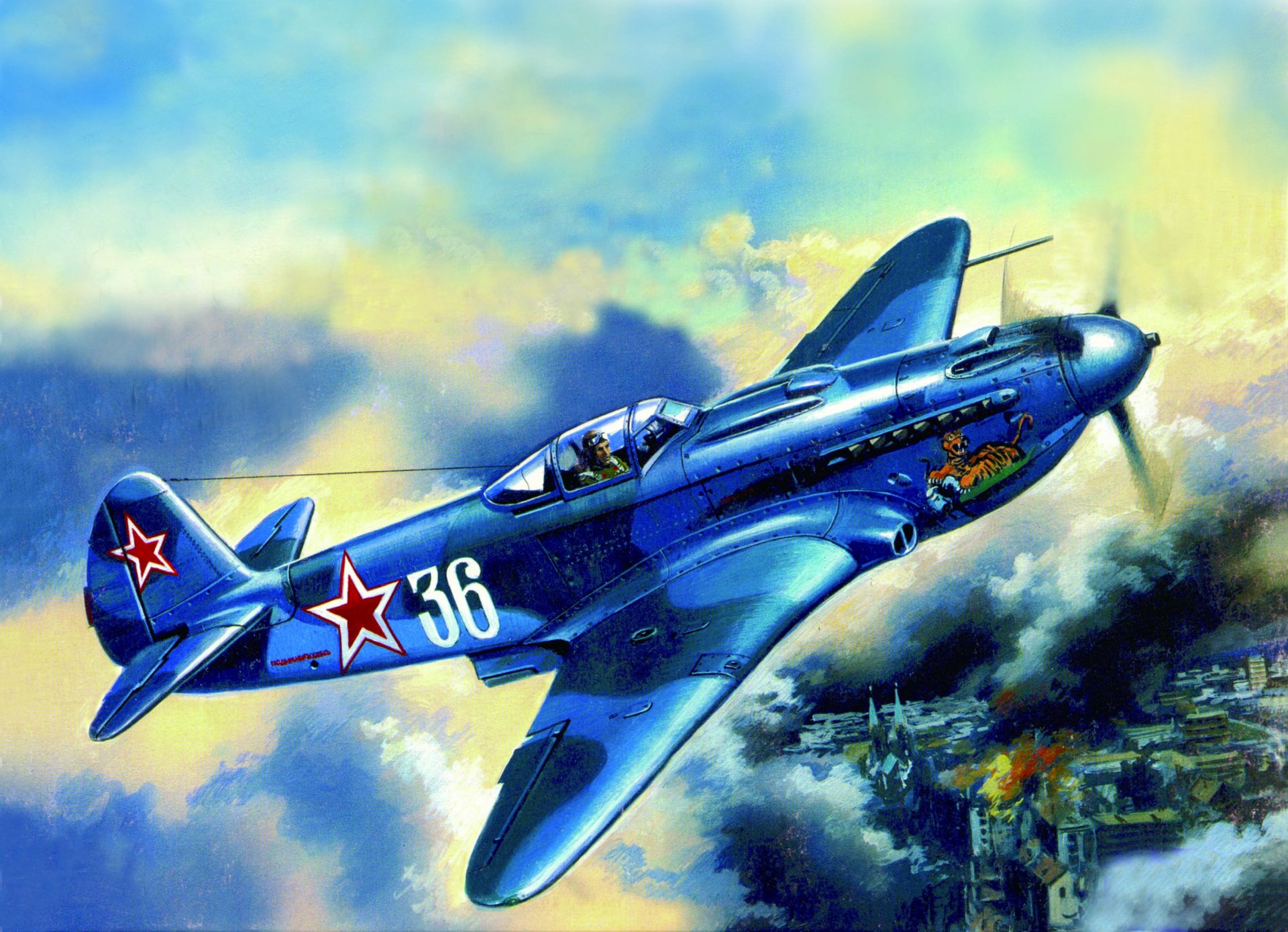 war sky airplane lagg-3 soviet fighter city buildings fire fire smoke drawing