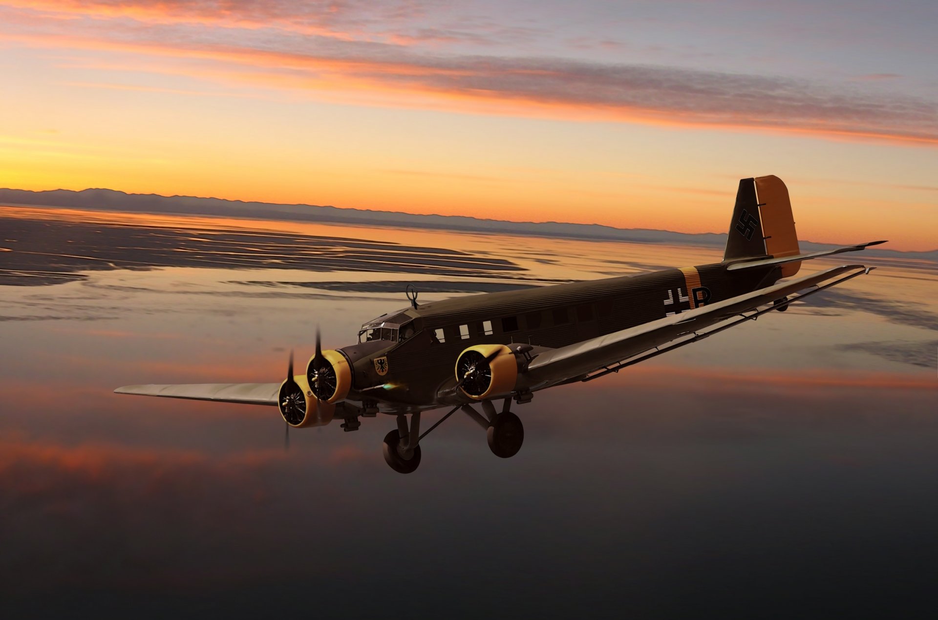 arte cielo junkers ju 52 junkers ju.52 alemán tres motores pasajeros y transporte militar avión tierra agua bahía ww2 figura