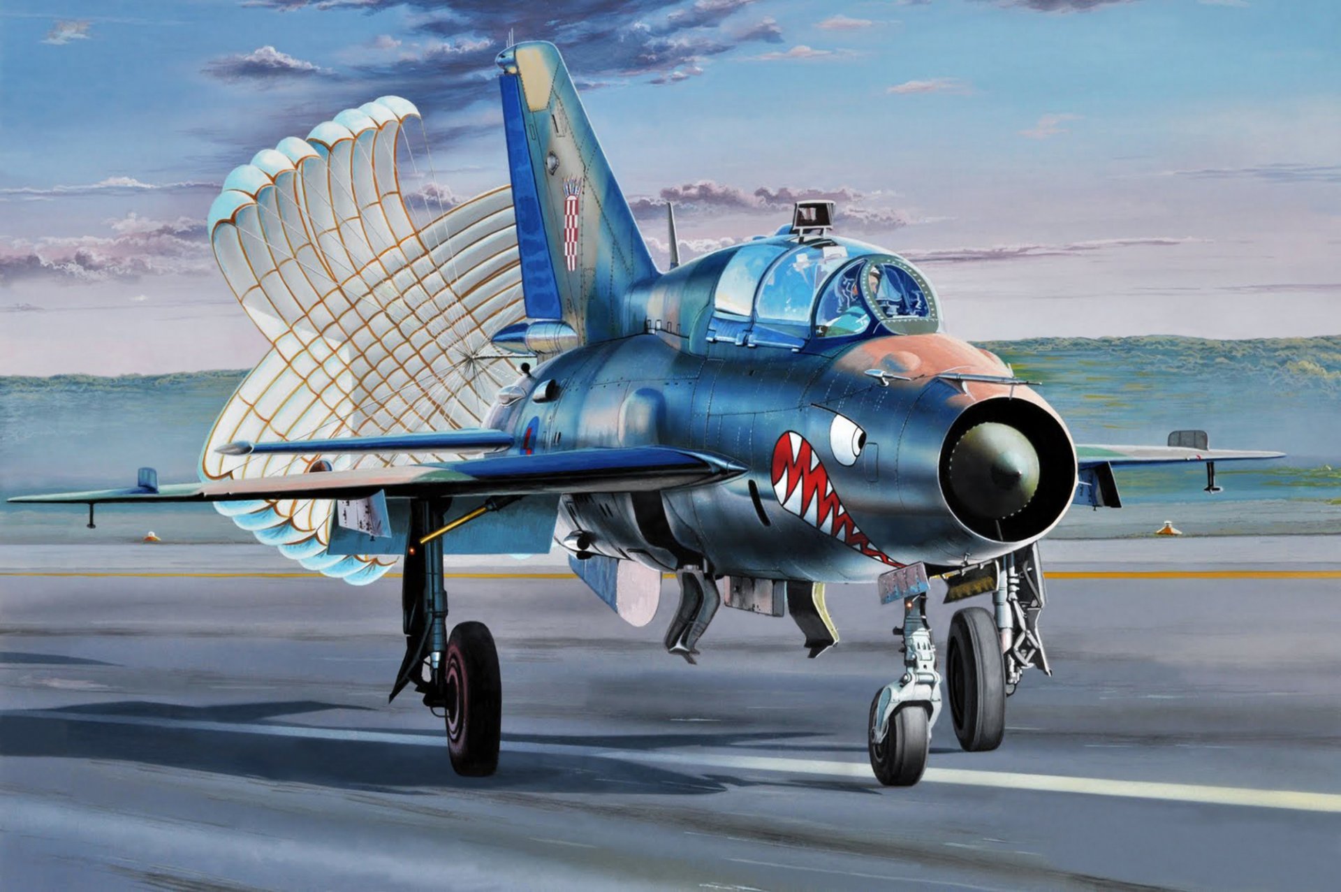 art aircraft mig-21 soviet multi-purpose fighter the most common supersonic combat in the world landing with released braking parachute mid 1950s became the first aircraft triangular wing artist daniel frka