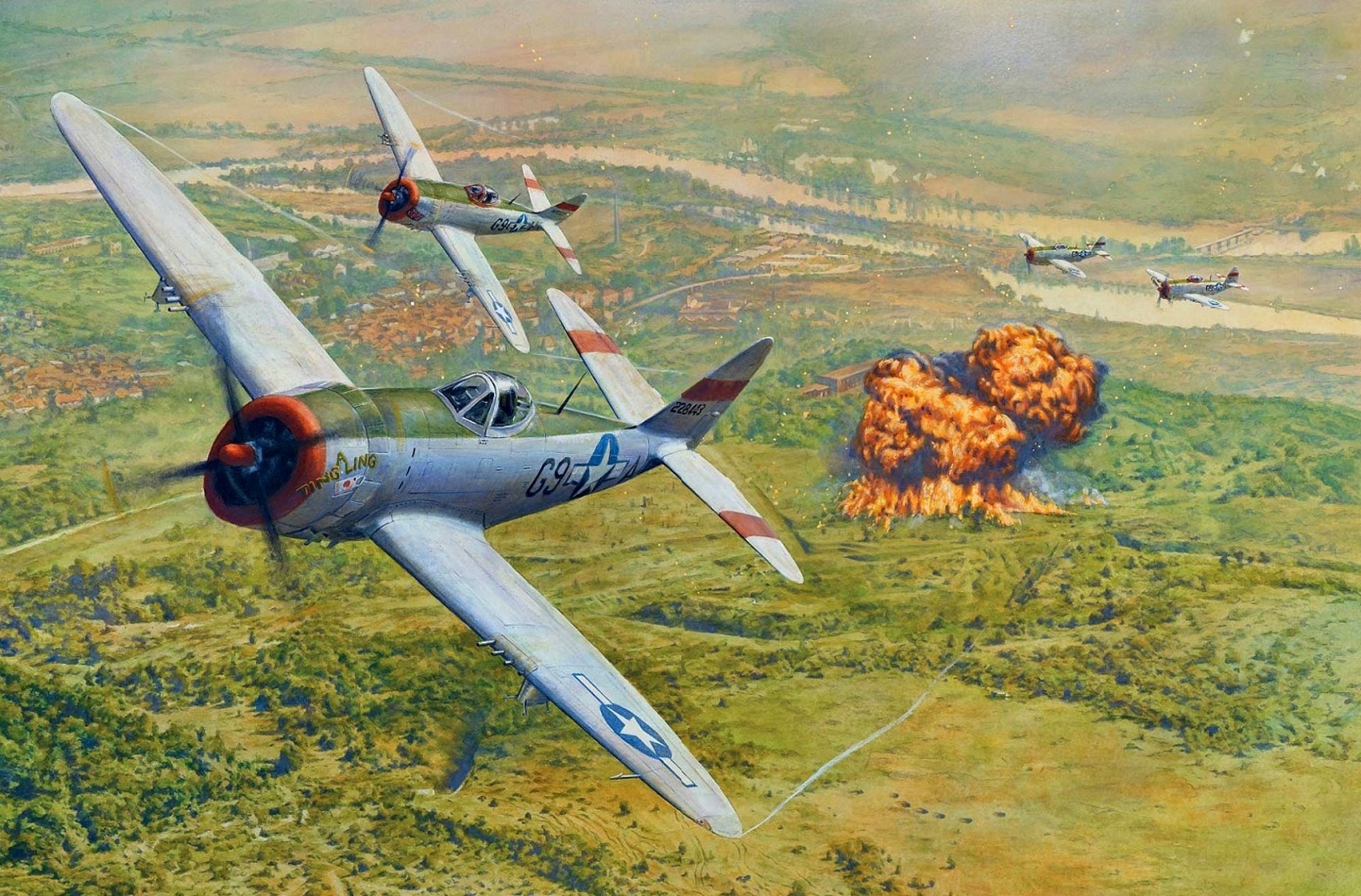 art sky repablik p-47 thunderbolt republic p-47 thunderbolt us fighter-bombers attack target bombing explosions fire ww2 picture