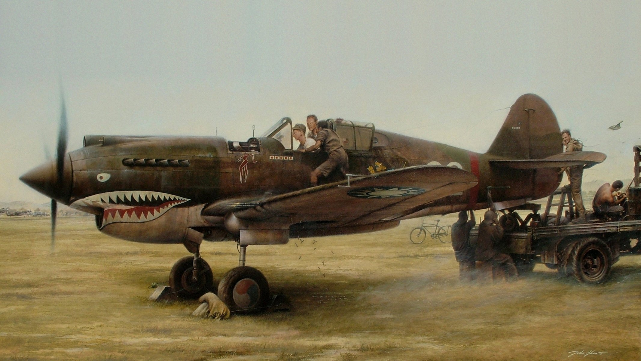 art aerodromo curtiss p-40 curtiss p-40 tomahawk caccia americano riparazione personale di manutenzione fly ww2 figura