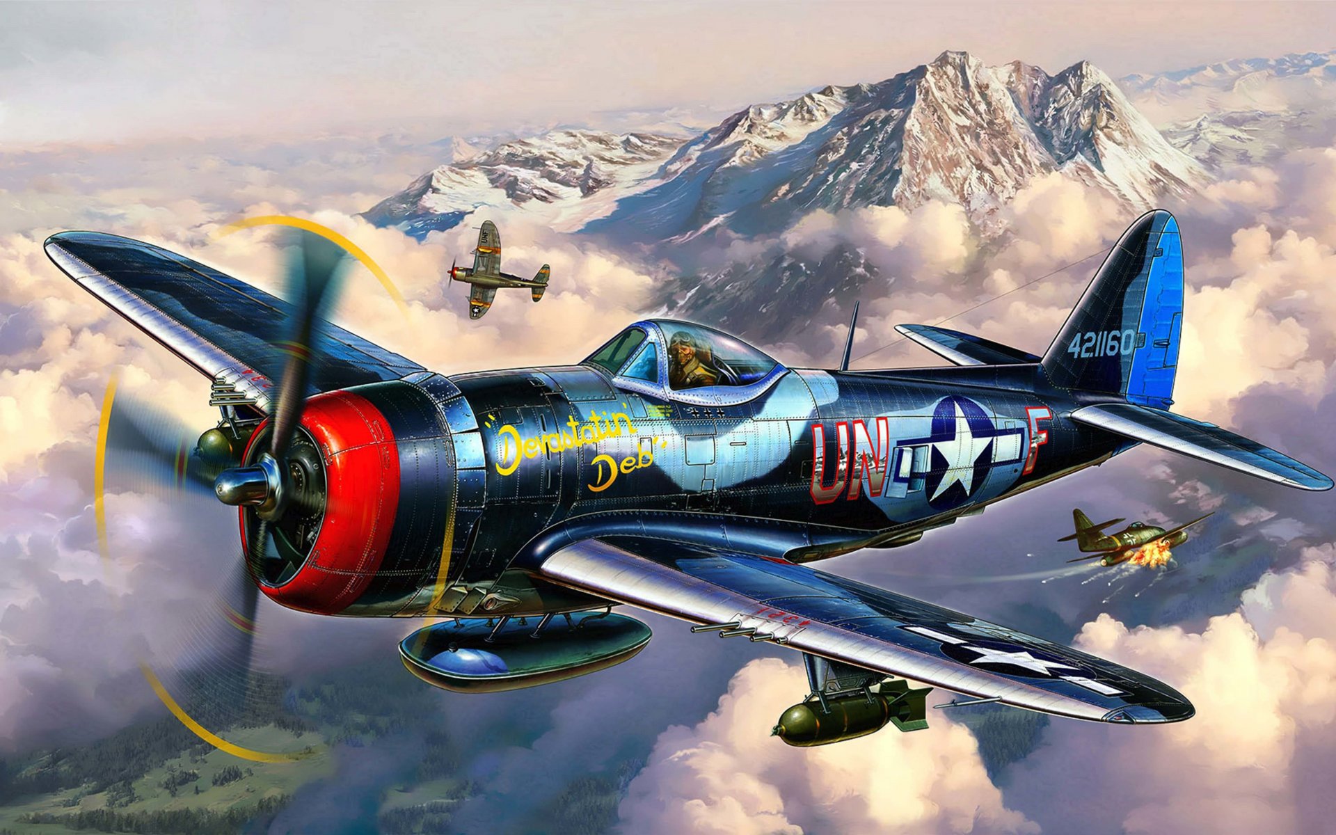 kunst flugzeug republik p-47 thunderbolt kämpfer bomber luftwaffe usa in himmel luft kampf ww2 künstler michal reinis