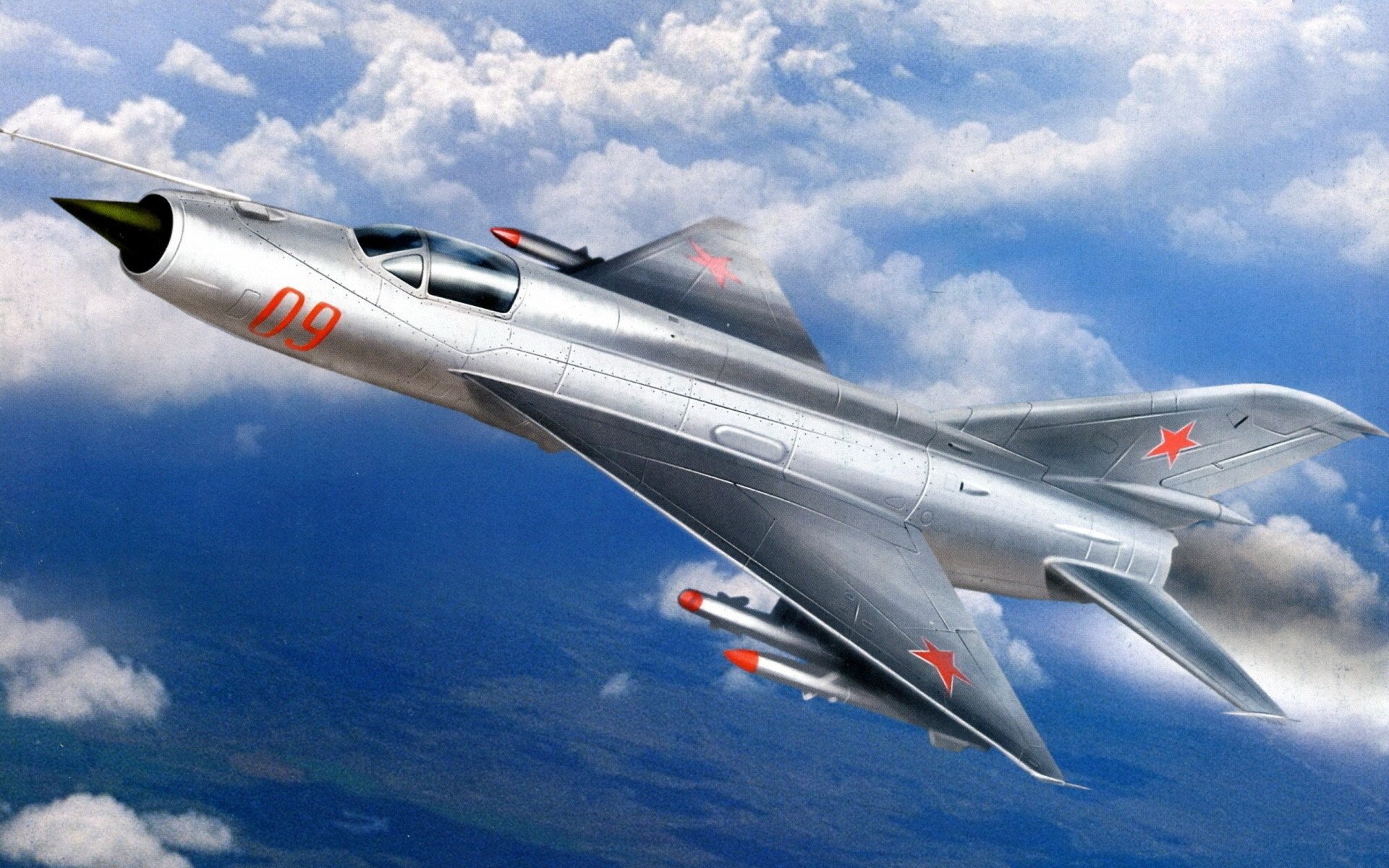 kunst himmel wolken mig-21 e-5 flugzeug i-500 durch kodifizierung nato : fishbed sowjetisch mehrzweck kampfflugzeug entwickelt von okb mikoyan und gurevich in mitte 1950er jahren . mig-21 wurde zuerst kb mig mit dreieckig flügel