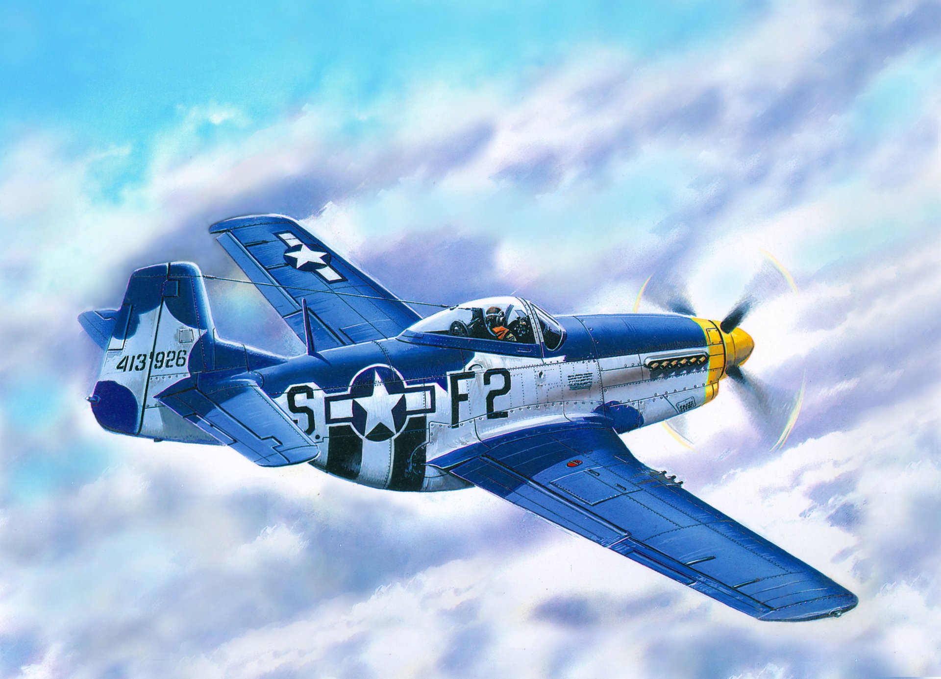 arte p-51d-15 mustang americano solo caza largo radio acción período segunda guerra mundialnebo nubes dibujo