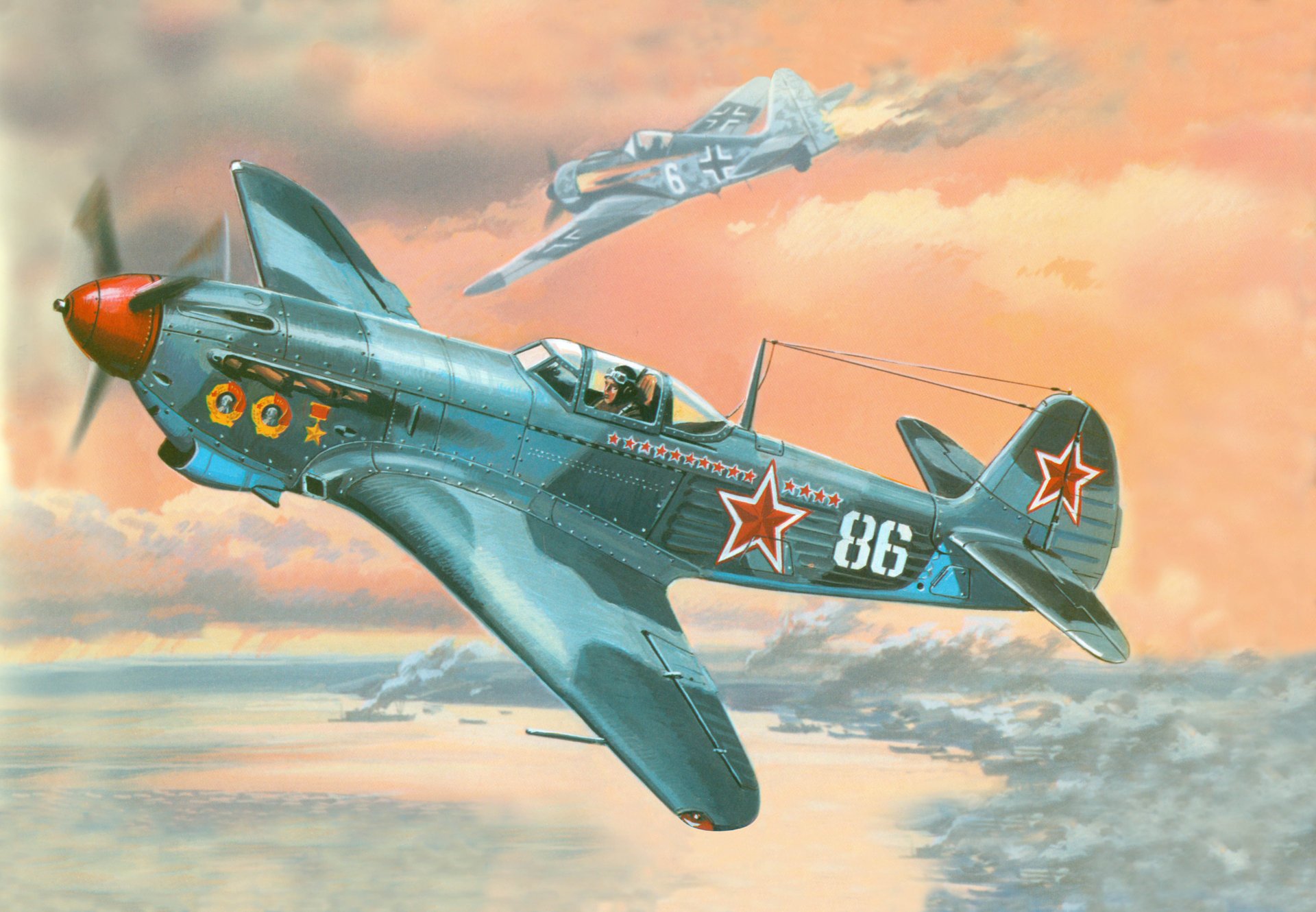 art yak-9 soviétique combattant et battu allemand focke-wulf fw 190 baie port navires fumée grande guerre patriotique figure