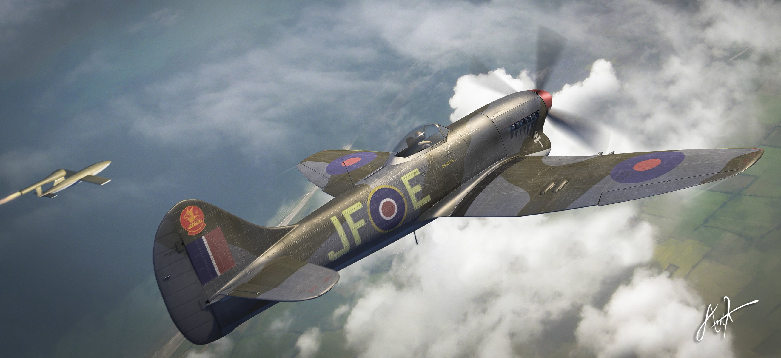 kunst himmel hawker tempest hawker tempest britisch einzel kämpfer und fieseler fi 103 deutsch projektilflugzeug ww2 zeichnung