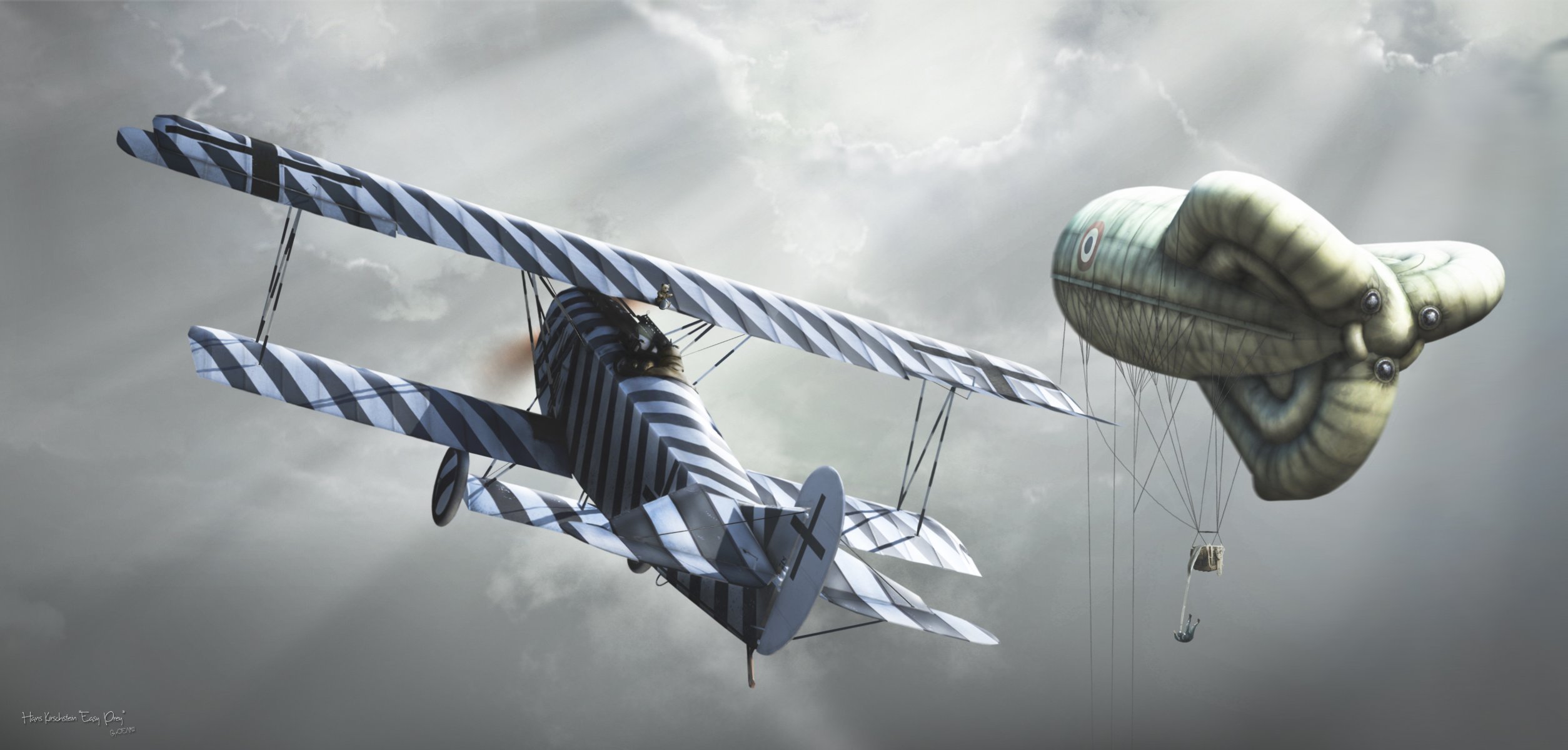 zeichnung leicht doppeldecker schnell kämpfer fokker d.vii deutsche luftstreitkräfte deutsche kaiserliche luftwaffe greift an britisch luftballon beobachtungen absperrung