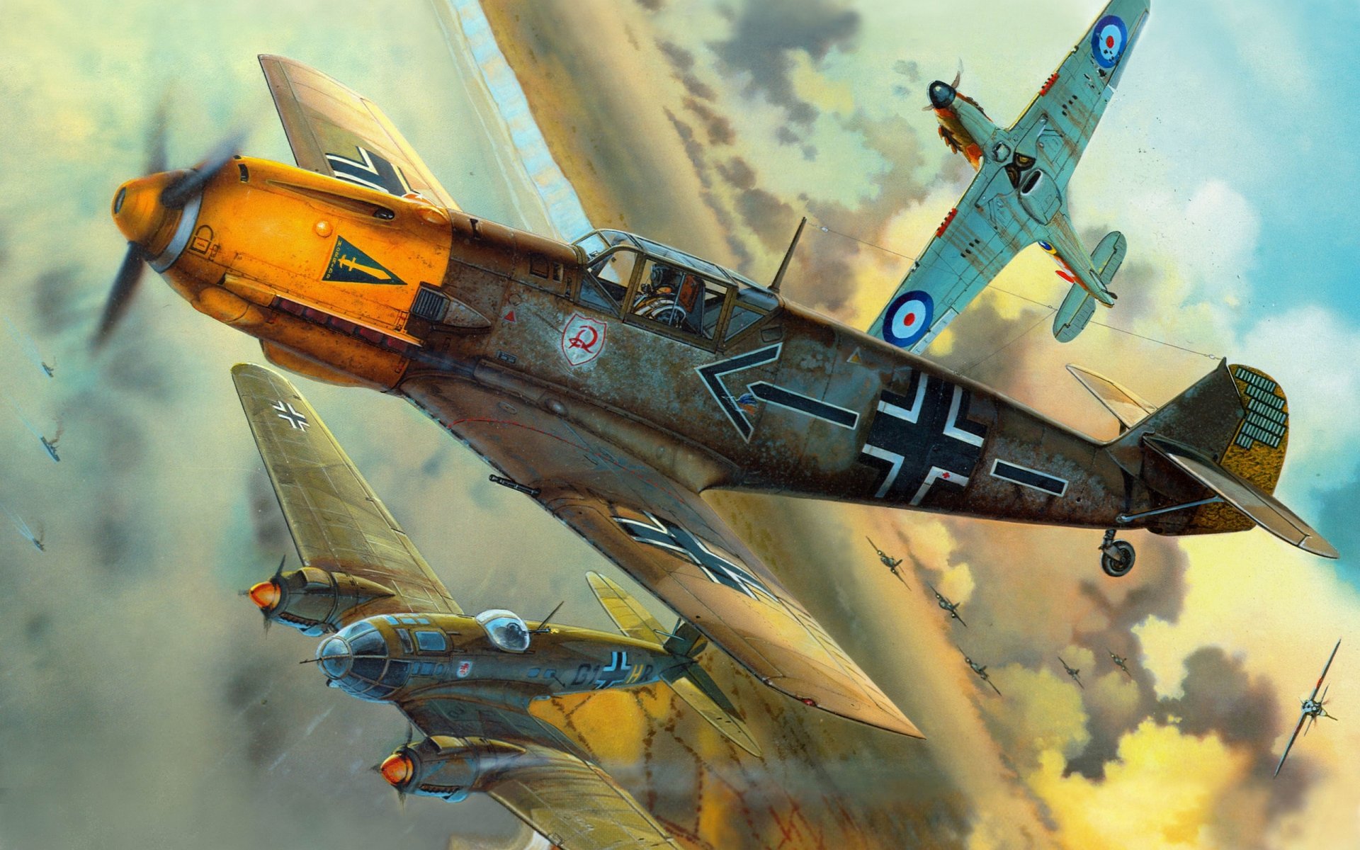 messerschmitt bf-109e4 aviones alemán británico combate aéreo segunda guerra mundial