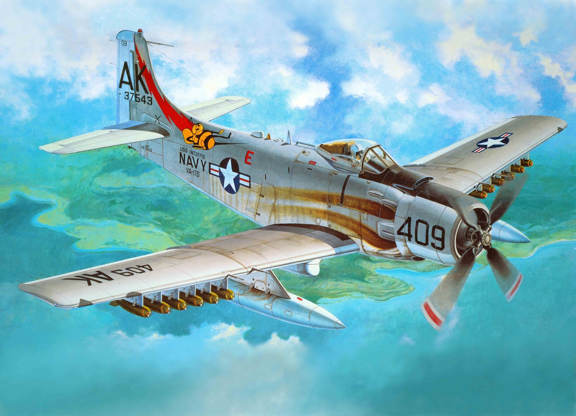 art samolot a-1h skyraider amerykański samolot szturmowy tłokowy skyraider ćwierć wieku był uzbrojony w siły powietrzne i marynarkę wojenną stanów zjednoczonych używany w wojnie w wietnamie koreańskim