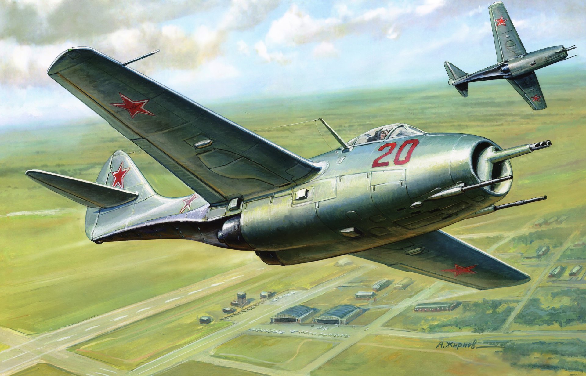 art sky airfield mig-9 fargo the first Soviet single-seat fighter all-metal design with two turbojet engines developed in OKB Mikoyan and Gurevich the first made April 24 1946