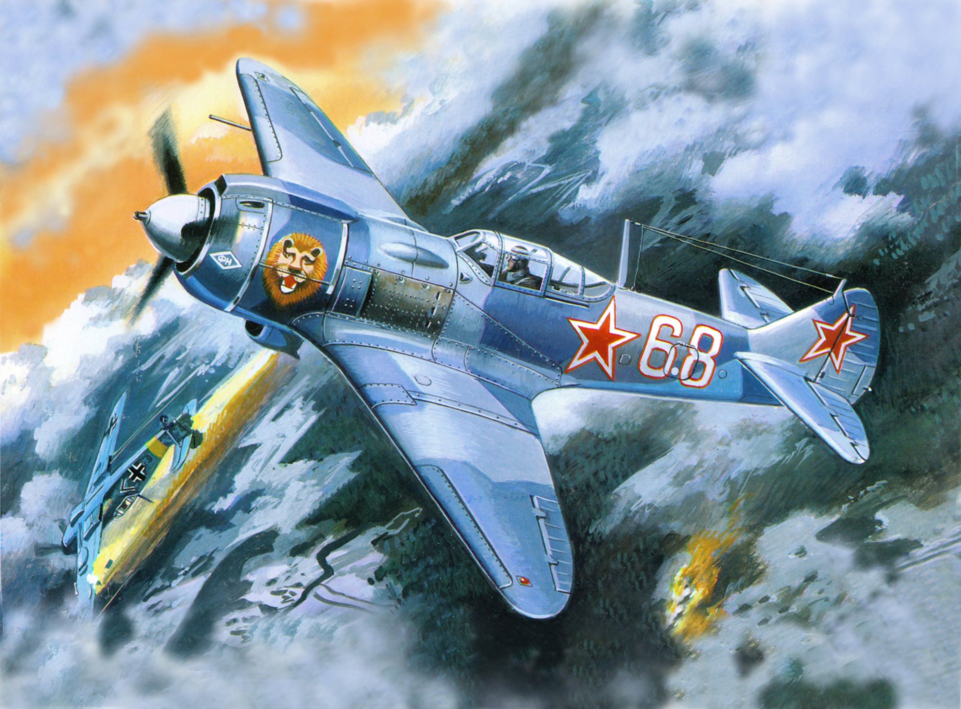 art sky dogfight fighters soviet la-5fn german messershmitbf-109 fire smoke land bob picture