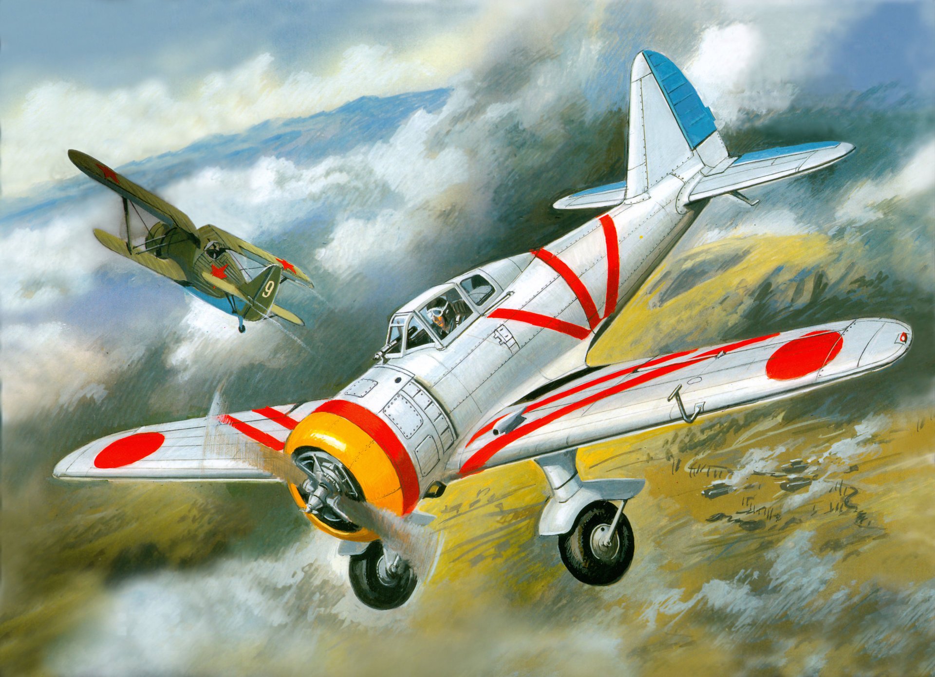 arte cielo istebiteli giapponese gi-27 e sovietica i-153 combattimento aereo khalkhin-gol figura