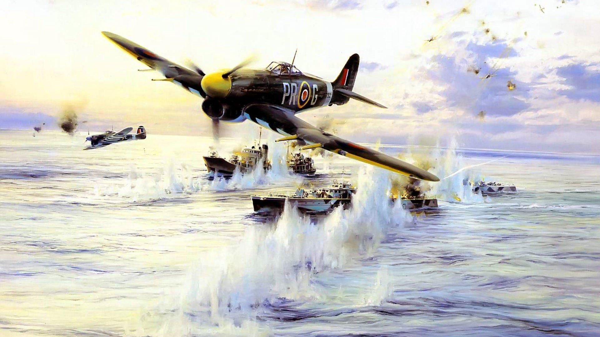 robert taylor hawker typhoon bomberjäger royal air force angriff torpedoboote meer schiffe überfall beschuss explosion kunst zeichnung