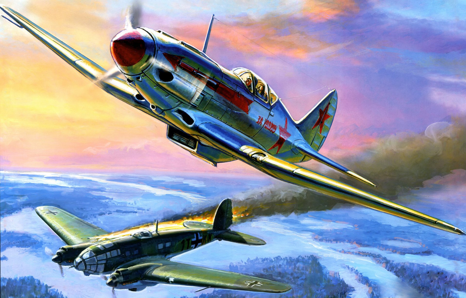 figura guerra cielo mig-3 sovietico caccia ad alta quota abbattuto heinkel he 111 tedesco medio bombardiere