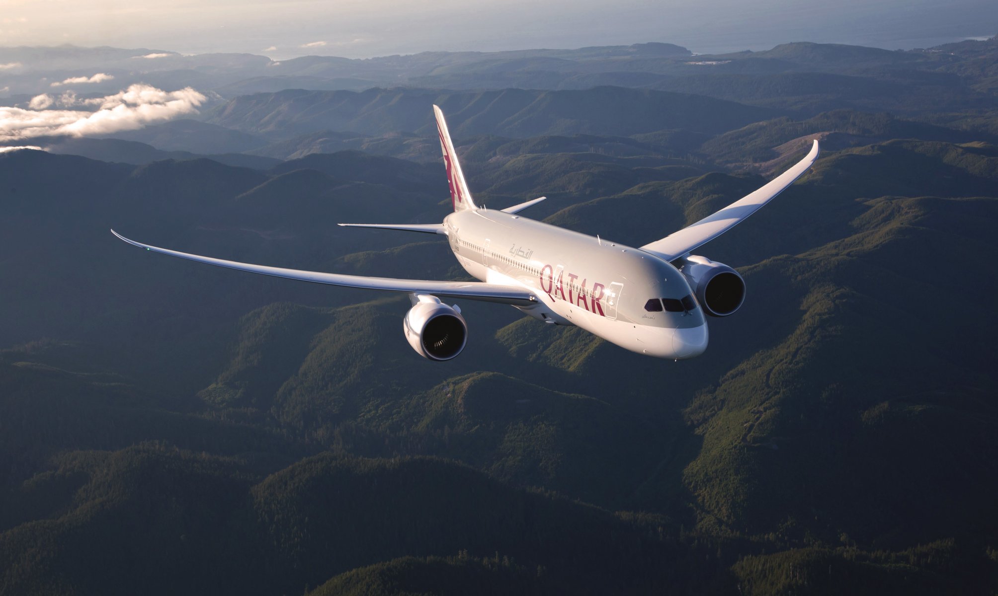 qatar airways boeing plane aviation in the air flies wings white airliner land