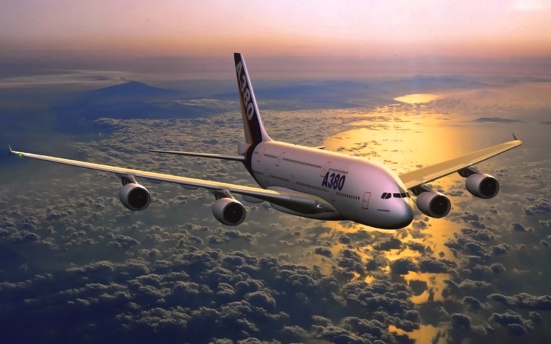 airbus a380 aviation sky in the air plane flies sunset sea