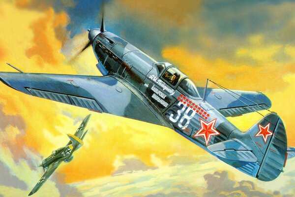 Arte del combattente sovietico yak-9T su uno sfondo di nuvole gialle