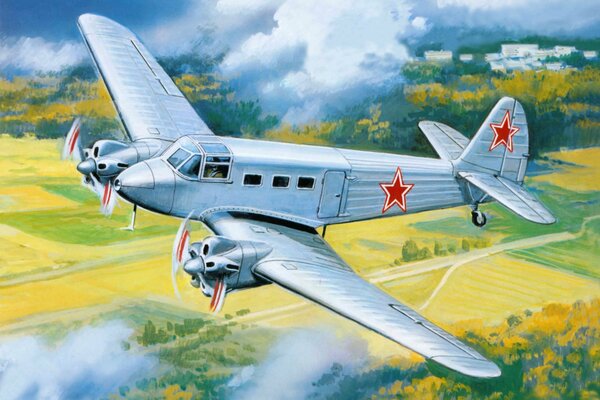 Art radziecki samolot transportowy jak - 8 Jakowlew nad polem