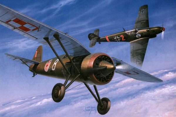 Zeichnung Flugzeuge in den Himmel während des Krieges, deutscher Kampfflugzeug, Einflieger