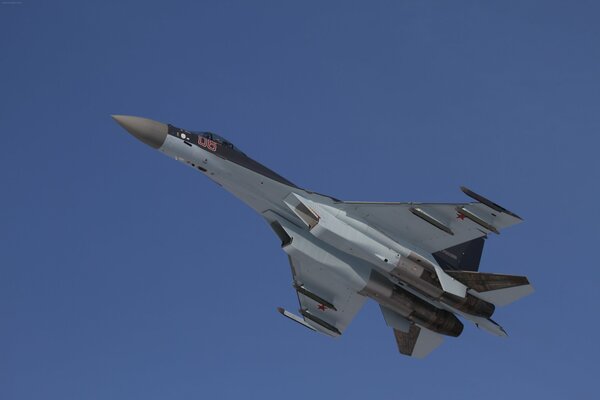 Su-35s aircraft in flight against the blue sky