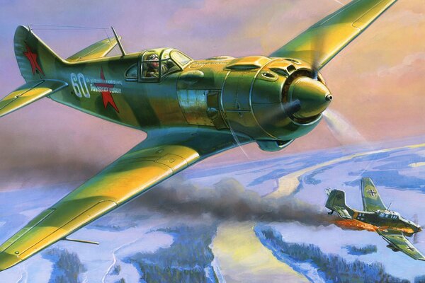 Kampf in den Himmel von zwei Kampfflugzeugen während des Krieges