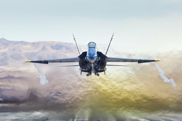 Le F / a - 18A hornet vole magnifiquement bas au-dessus du sol