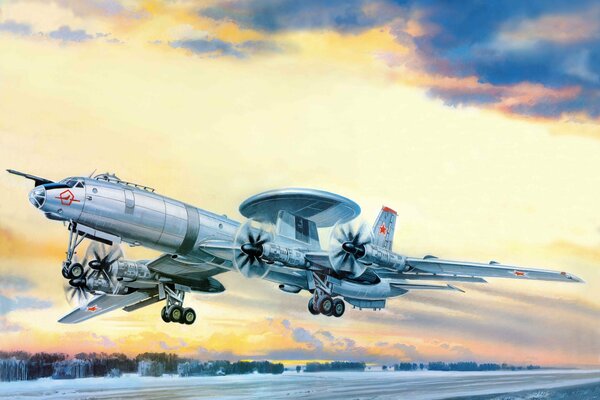 Dibujo del avión tu-126, creado para detectar objetivos aéreos y marítimos