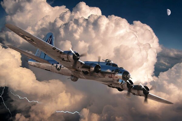 Рисунок самолёта бомбардировщика летящего сквозь облака