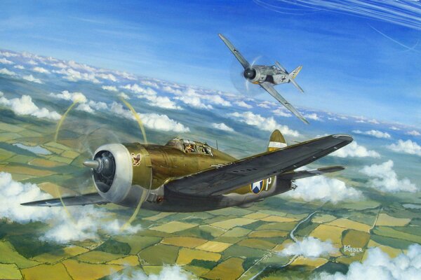 Aerial combat of American and German fighters