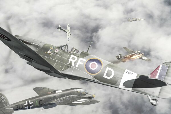 Rysunek walki powietrznej lotnictwa brytyjskiego i niemieckiego podczas II wojny światowej