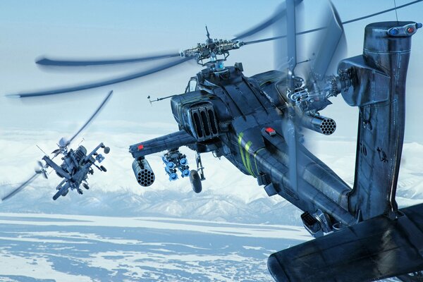 Helicopter gunships over the frozen lake fly to the snowy mountains