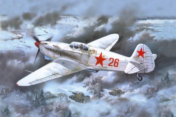 Un caza soviético vuela en invierno sobre tanques durante la gran guerra patria